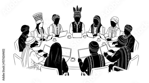 Diverse group of people in traditional attire collaborating around a table