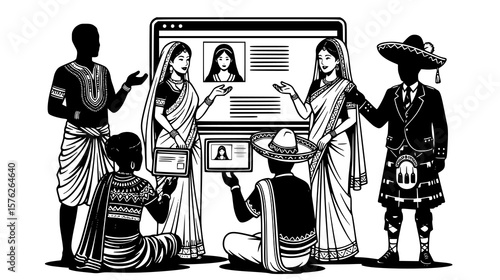 Diverse people interact with digital tech