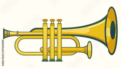 A cartoonish drawing of a trumpet with a yellow and green color scheme. The trumpet is shown in a close up, with the bell and the mouthpiece clearly visible. Scene is playful and whimsical