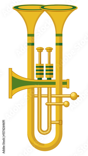 A cartoonish drawing of a trumpet with a yellow and green color scheme. The trumpet is shown in a close up, with the bell and the mouthpiece clearly visible. Scene is playful and whimsical