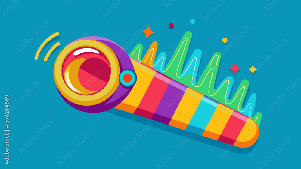 Fototapeta premium A colorful cartoonish object with a red and yellow base and a yellow and purple top. The object is a microphone