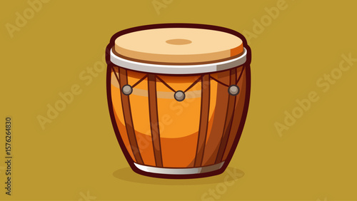 A cartoon drawing of a drum with a brown wooden body and a silver rim. The drum is sitting on a yellow background