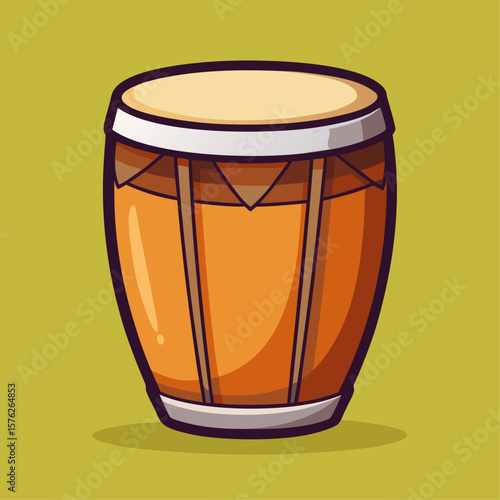 A cartoon drawing of a drum with a brown wooden body and a silver rim. The drum is sitting on a yellow background