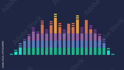 A colorful bar chart with a red dot in the middle. The chart is made up of many different colored bars, each one representing a different value