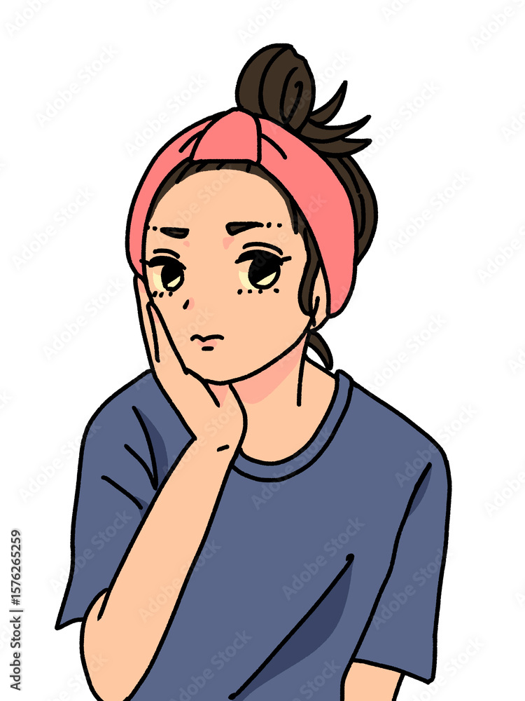 Fototapeta premium 頬に手を当てて困り顔の女性, すっぴん