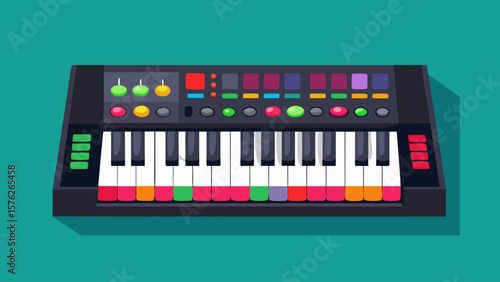 A colorful keyboard with a green background. The keyboard has a lot of buttons and is very colorful