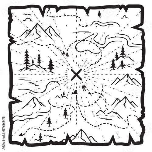 Black and white treasure map with an X marking the spot, vector illustration