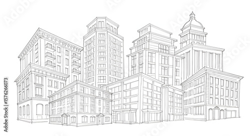 Wallpaper Mural Hand-drawn line art illustration of a cityscape with various architectural buildings and urban structures Torontodigital.ca