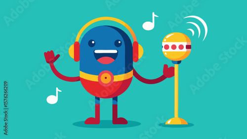 A cartoon character holding a microphone and a maraca. The character is smiling and he is having fun