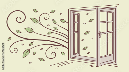 Open window with swirling branches and leaves entering isolated on white background