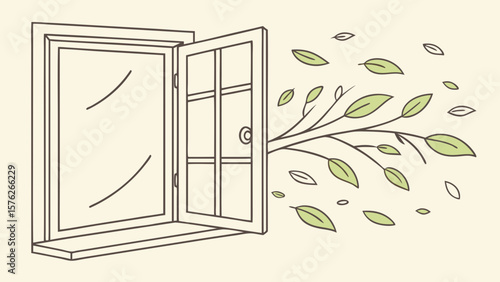 Open window with branch and leaves blowing in the wind isolated on white background