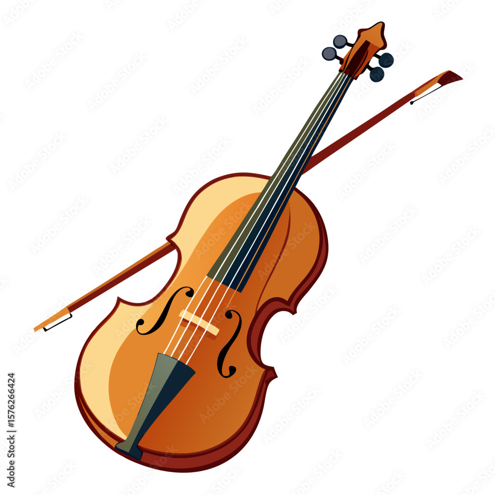 A violin is shown in a white background. The violin is a beautiful instrument with a brown wooden body and a brown bow. Concept of elegance and sophistication A violin is shown in a white background. The violin is a beautiful instrument with a brown wooden body and a brown bow. Concept of elegance and sophistication