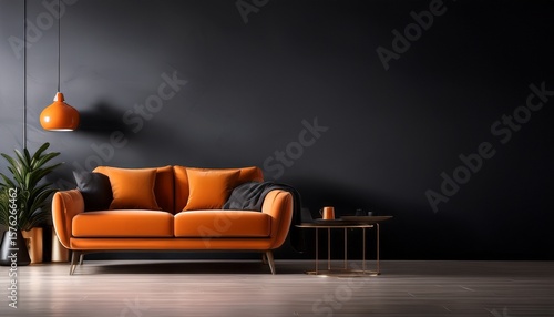 orange chair in living room interior design dark sofa with dark wall background