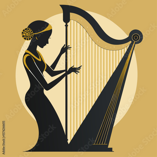 A woman playing a harp. The harp is a large instrument with a long neck and strings. The image has a calm and peaceful mood