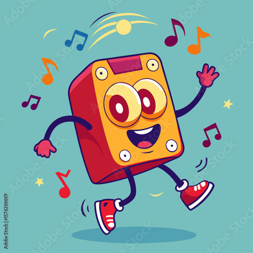A cartoon character is dancing and playing music. The character is wearing red and yellow clothes and is surrounded by musical notes