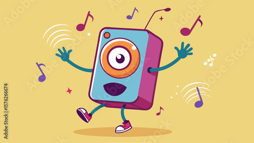 A cartoon character is dancing and playing music. The character is wearing red and yellow clothes and is surrounded by musical notes