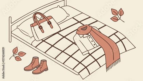 Autumn outfit laid out on a bed with boots and a handbag isolated on white background
