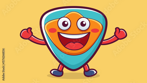 A smiling cartoon character with a guitar on its head. The character is giving a thumbs up and is wearing a blue and orange outfit