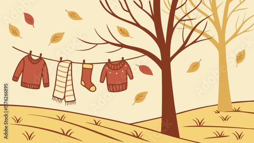 Cozy autumn sweaters and scarf drying on a clothesline isolated on white background