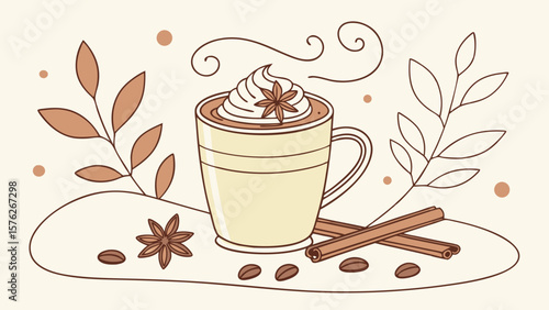 Cozy autumn coffee drink with whipped cream cinnamon and star anise