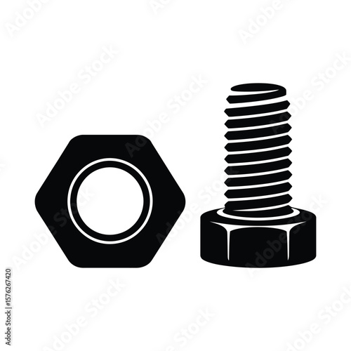 Black silhouette of a bolt and nut isolated on white background