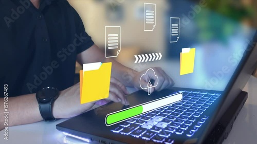 Cloud Computing. file transfer holographic AI technology icon, backup storage, artificial intelligence, cloud storage technology concept