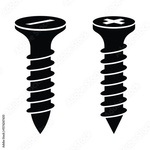 Two black screws with different head slots isolated on white background