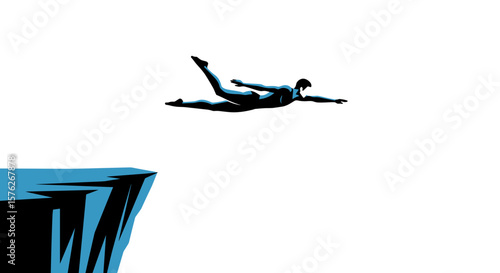 Cliff diving. Man diving off cliff in silhouette against white background  
