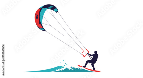 Kiteboarding. Kitesurfer riding a wave with colorful kite on white background  