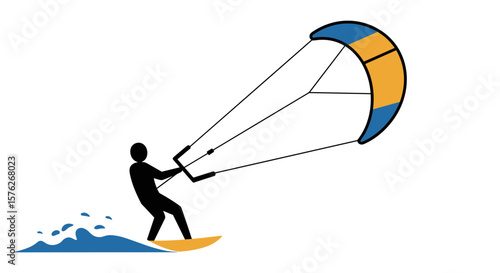 Kitesurfing. Kite surfer riding waves with colorful kite on water  