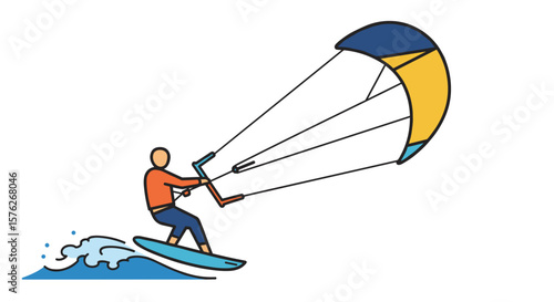 Kite surfer riding waves on colorful board in bright sunlight. Kitesurfing  