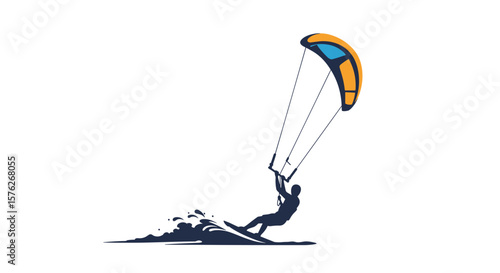 Man kitesurfing on ocean waves with colorful kite in sunny day  