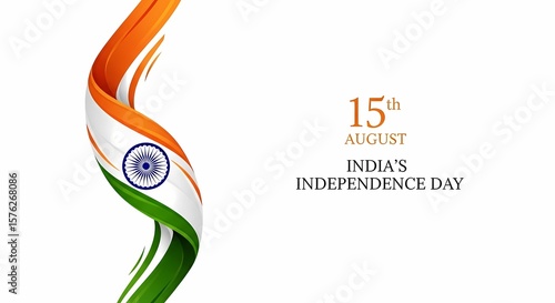 Indian Independence Day graphic with flowing tricolor flag design.