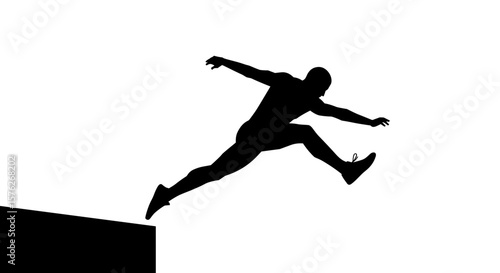 Parkour jump. Silhouette of a man jumping from a ledge against a white background  