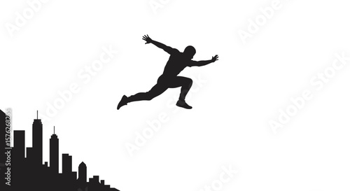 Parkour silhouette. Silhouette of a man jumping off a city rooftop against a white background  