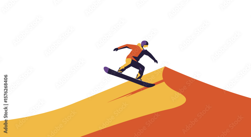 Naklejka premium Young man Sandboarding down orange sand dunes in desert