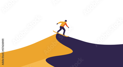 Young man Sandboarding on abstract colorful slopes in a minimalist style  