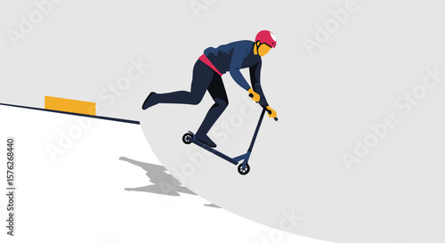 Scooter freestyle. Young man performing a trick on a scooter in a skate park  