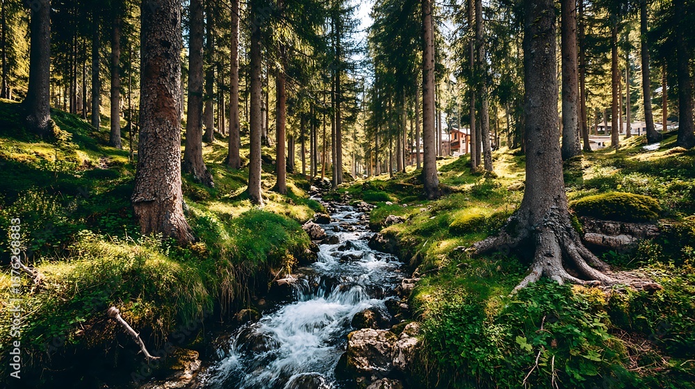 Fototapeta premium Forest Stream Landscape with Trees and Greenery