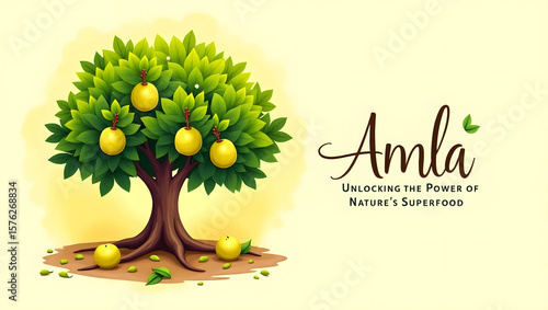 A serene and vibrant illustration of a lush amla tree