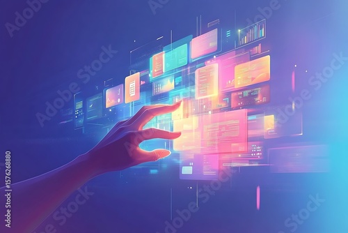 Human hand interacting with a futuristic holographic interface displaying data and charts