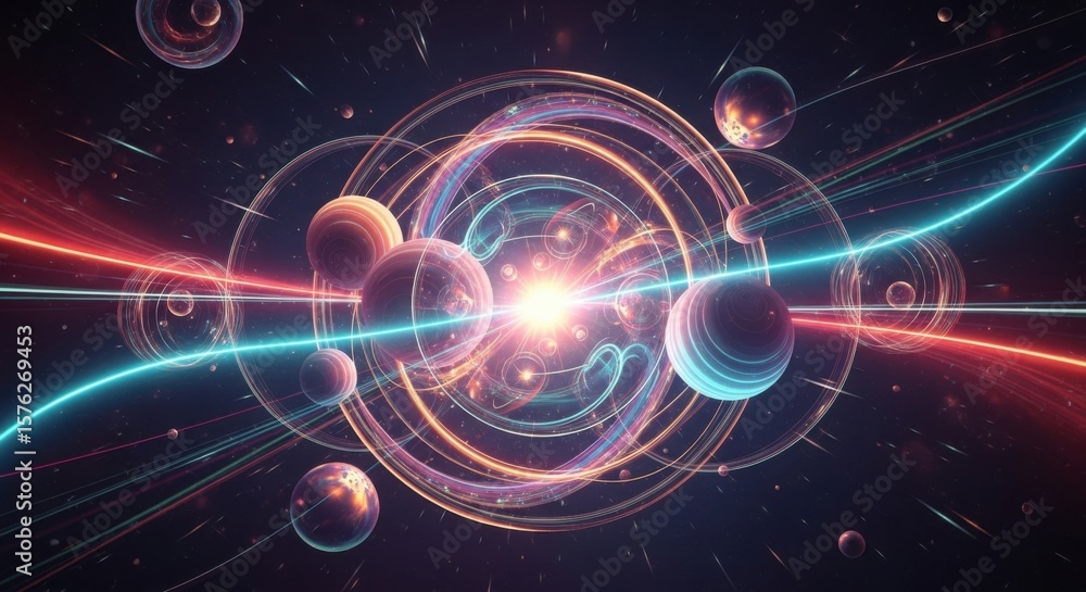Obraz premium Cosmic Fusion Energy Flow Through Galactic Nebula with Swirling Orbits and Celestial Bodies