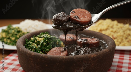 A close up of feijoada being served with greens rice and farofa on a checkered tablecloth