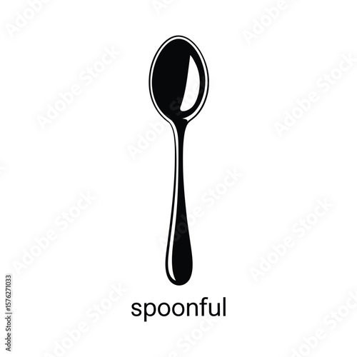 Simple black silhouette of a spoon with the word spoonful isolated on white background