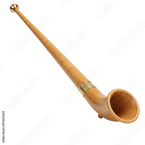Close up showcases a traditional alphorn, a long wooden wind instrument, on a transparent background.
