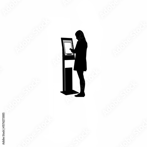 Silhouette of woman using touchscreen at tax office kiosk on white background