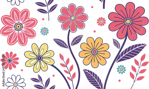 Mod flowers vector graphics. mod flower border patterns. vector flowers. A seamless vector pattern of colorful, abstract mod-style flowers.