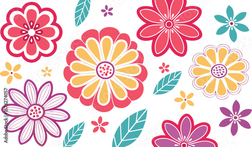 Mod flowers vector graphics. mod flower border patterns. vector flowers. A seamless vector pattern of colorful, abstract mod-style flowers.