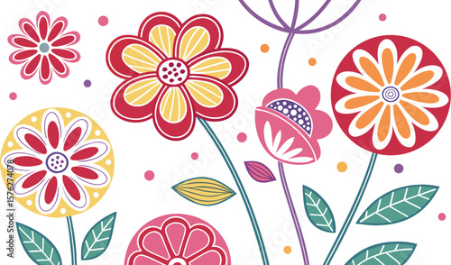 Mod flowers vector graphics. mod flower border patterns. vector flowers. A seamless vector pattern of colorful, abstract mod-style flowers.