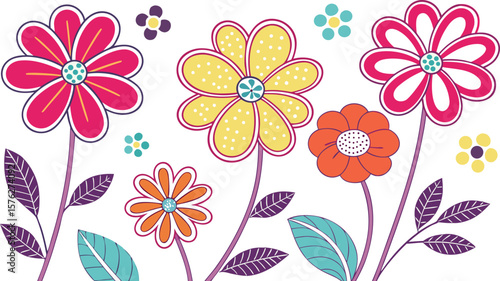 Mod flowers vector graphics. mod flower border patterns. vector flowers. A seamless vector pattern of colorful, abstract mod-style flowers.
